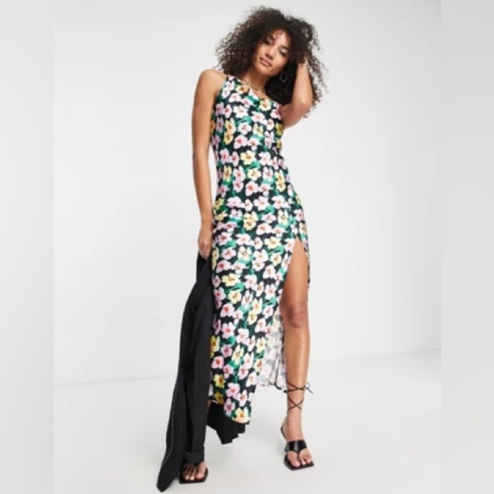 Topshop asymmetric neck satin built up slip floral midi dress in multi